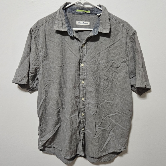 Tommy Bahama Shirt Mens  Large Gray Linen Hawaiian Button Up Short Sleeve B2 - Picture 1 of 5